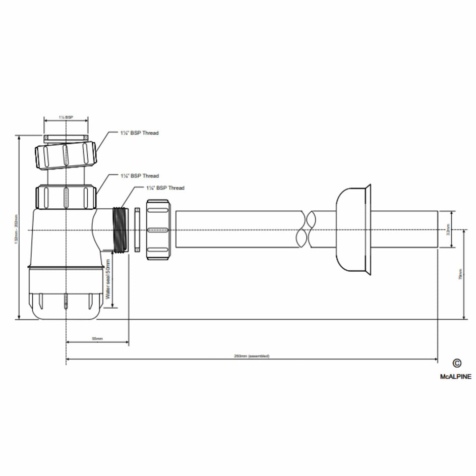Altech Flaskevannlås 1 1/4"X32mm Med 32mm rør L 230mm Hvit Altech Vannlås DAL-4520372