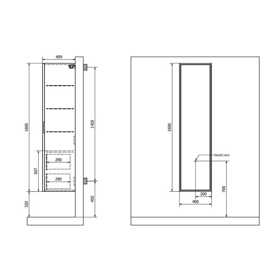 INR AIR Wood c 4 Hyller 2 skuffer B400xH1600xD400mm INR Iconic Nordic Rooms Høyskap bad