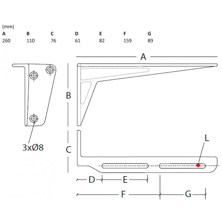 Intra veggkonsoll for RS72 260mm
