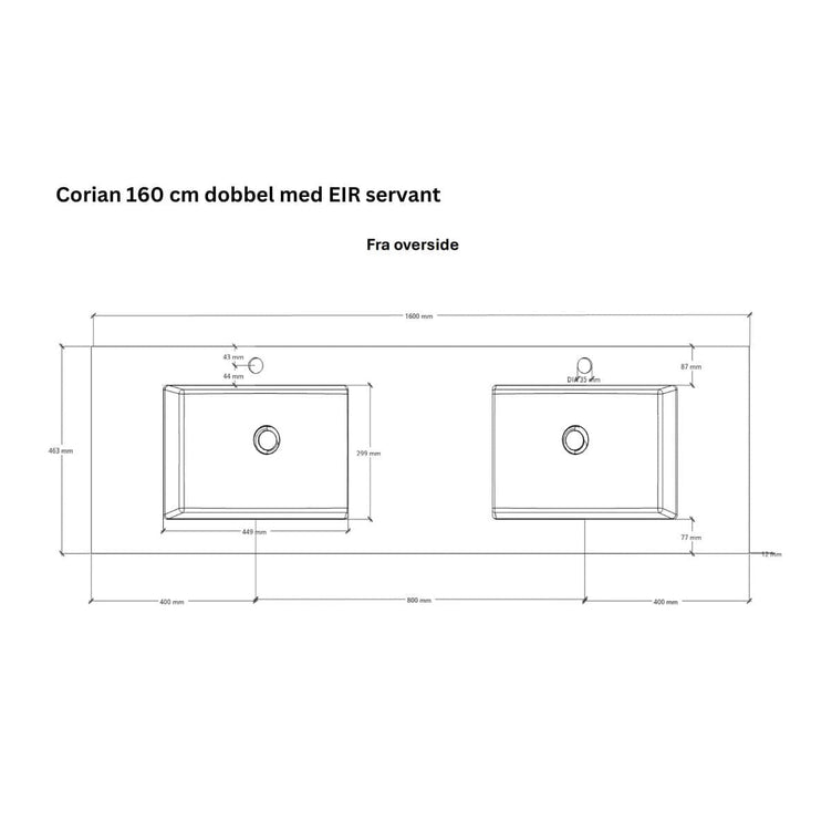 Linn Bad Corian topplate med Eir servant B(60-160)xH1,2xD46cm