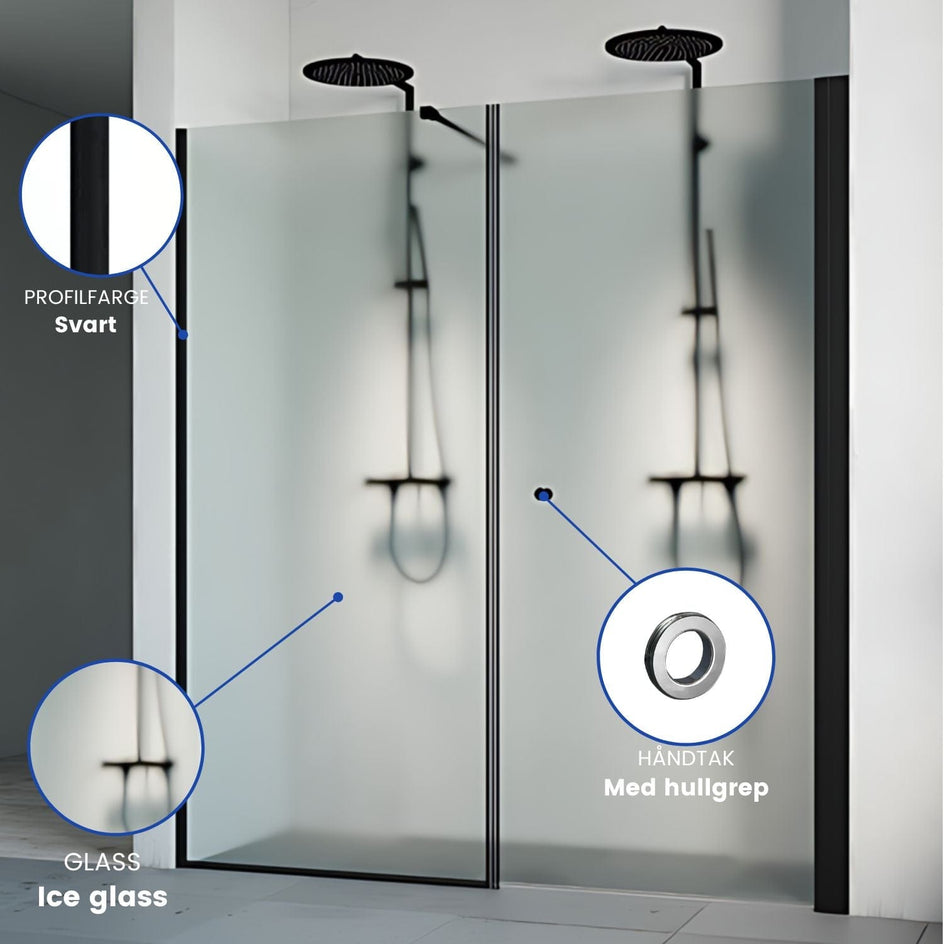 Macro Design SPIRIT Nisjedusj Swing Ice - med hullgrep Svart matt / 70x67cm / Ice glass Macro Design Dusjnisje BUN-DSSV767SGIC
