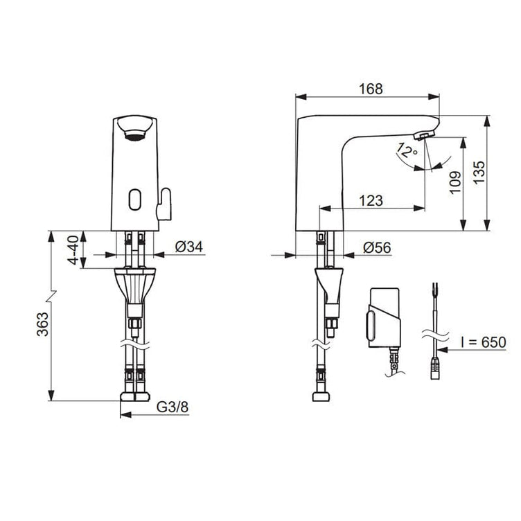 Oras Electra 9260FZ Curve Safety Servantbatteri 3V Berøringsfri