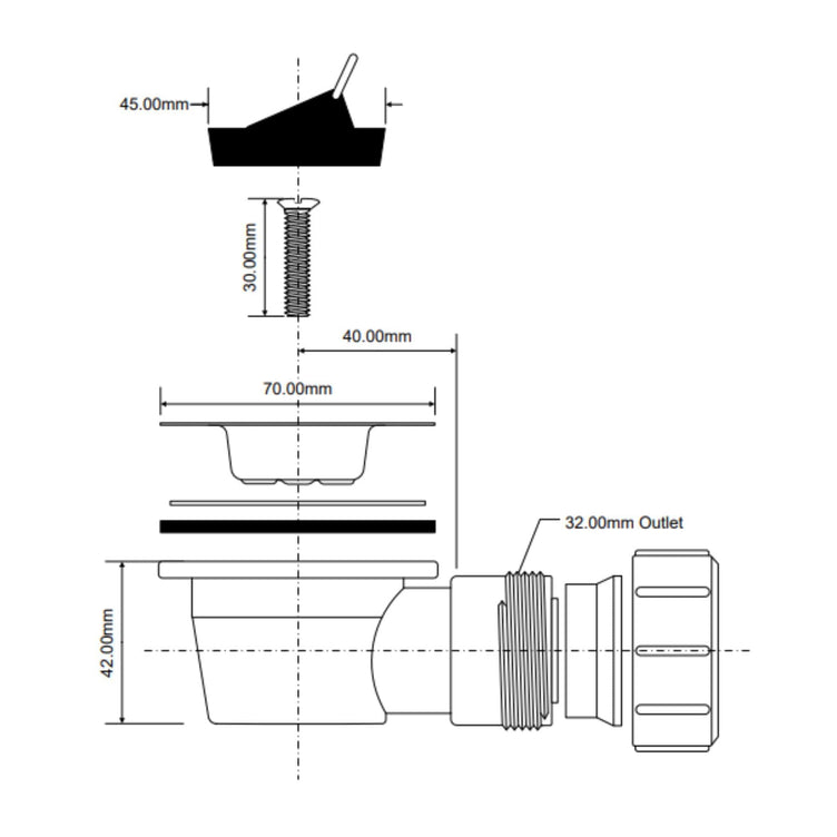 Reservedel: Altech Badekarventil med albue Ø70x32mm