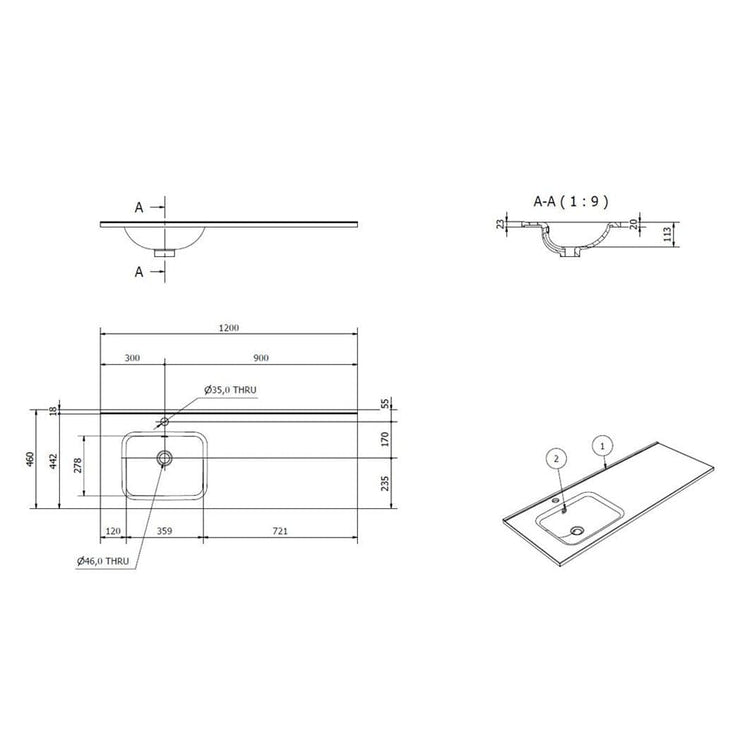 Vikingbad INA D46 Thin Møbelservant  B60-180cm - H2cm