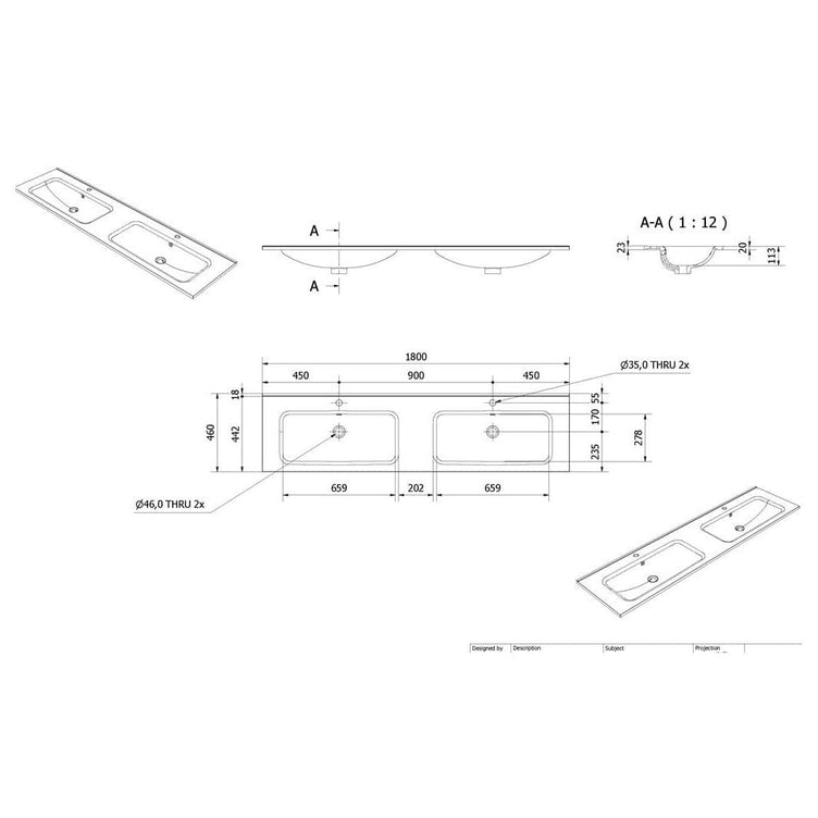 Vikingbad INA D46 Thin Møbelservant  B60-180cm - H2cm