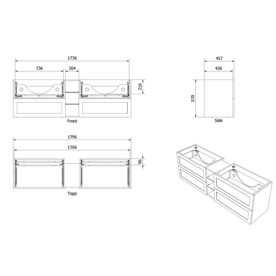 VikingBad MIE RAMME Servantskap åpen glasshylle - Mål: B(140-200)xH57xD46 cm VikingBad Servantskap