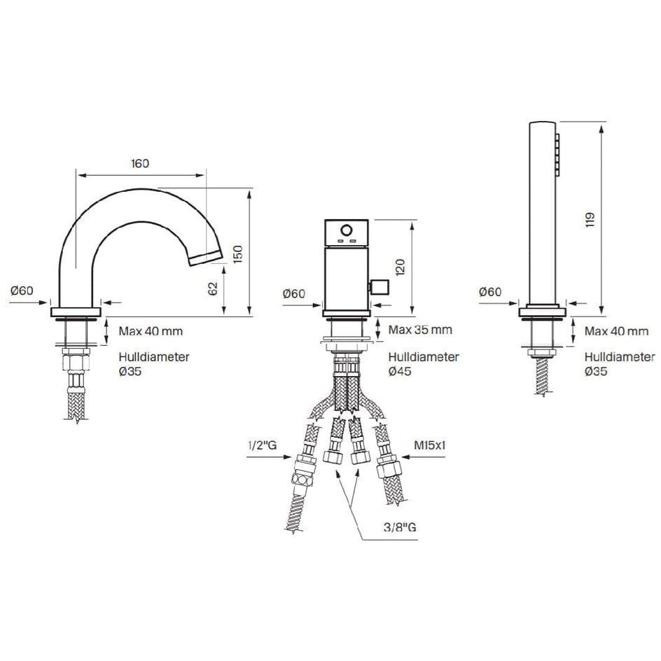 Tapwell BI047 Karkantbatteri 3-hulls Tapwell Badekararmatur