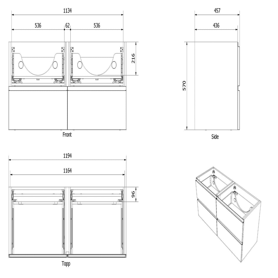 VikingBad MIE 120DBL Servantskap Fingergrep 4 skuffer - Mål: B120xH57xD46 cm VikingBad Servantskap